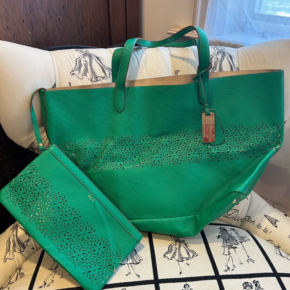 Ralph Lauren green open work tote with gold metal detail and cosmetic pouch